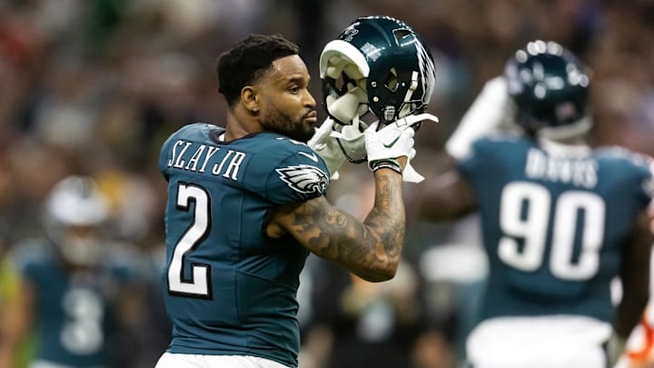 Feb 9, 2025; New Orleans, LA, USA; Philadelphia Eagles cornerback Darius Slay Jr. (2) against the Kansas City Chiefs during Super Bowl LIX at Ceasars Superdome. Mandatory Credit: Mark J. Rebilas-Imagn Images