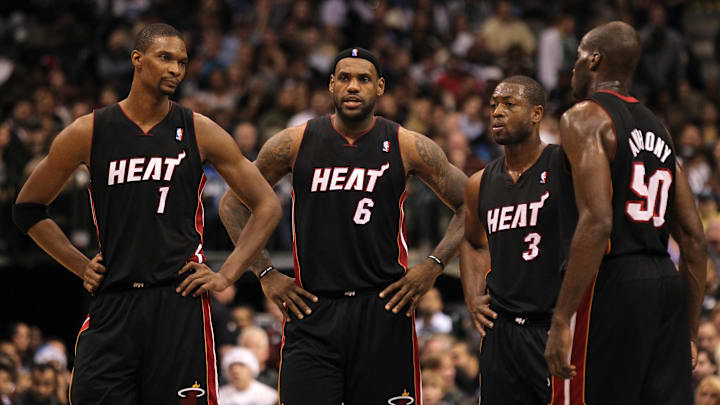 Nov 27, 2010; Dallas, TX, USA; Miami Heat forward Chris Bosh (1) Lebron James (6) guard Dwyane Wade and center Joel Anthony (50) during a break n the action from the game against the Dallas Mavericks at American Airlines Center. The Mavs beat the Heat 106-95. Mandatory Credit: Matthew Emmons-Imagn Images Nov 27, 2010; Dallas, TX, USA; Miami Heat forward Chris Bosh (1) Lebron James (6) guard Dwyane Wade and center Joel Anthony (50) during a break n the action from the game against the Dallas Mavericks at American Airlines Center. The Mavs beat the Heat 106-95. Mandatory Credit: Matthew Emmons-Imagn Images