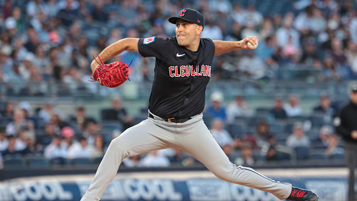 Aug 20, 2024; Bronx, New York, USA; Cleveland Guardians starting pitcher Matthew Boyd (16) delivers a pitch during the first inning against the New York Yankees during the first inning at Yankee Stadium. Mandatory Credit: Vincent Carchietta-Imagn Images