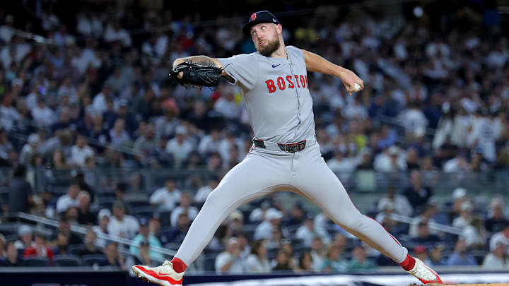 Sep 30, 2025; Bronx, New York, USA; Boston Red Sox starting pitcher Garrett Crochet (35) pitches against the New York Yankees during the third inning of game one of the Wildcard round of the 2025 MLB playoffs at Yankee Stadium. Mandatory Credit: Brad Penner-Imagn Images