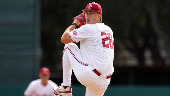 Feb 28, 2025; Stanford, CA, USA; Stanford Cardinal starting pitcher Matt Scott (28) throws a pitch against the Xavier Musketeers during the first inning at Sunken Diamond.