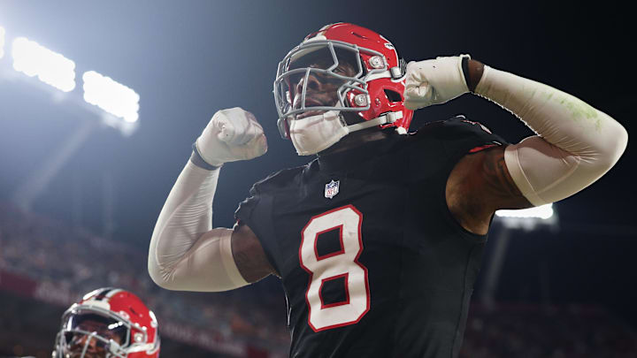 Atlanta Falcons tight end Kyle Pitts reacts after scoring a touchdown against the Tampa Bay Buccaneers at Raymond James Stadium