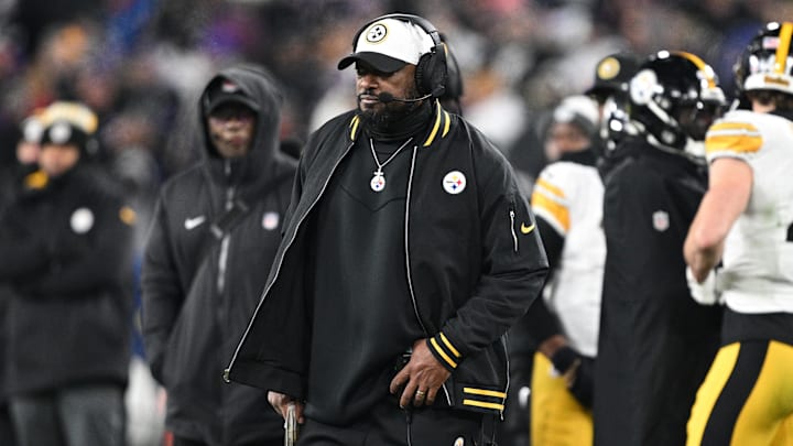 Jan 11, 2025; Baltimore, Maryland, USA; Pittsburgh Steelers head coach Mike Tomlin looks in the third quarter against the Baltimore Ravens in an AFC wild card game at M&T Bank Stadium. Mandatory Credit: Tommy Gilligan-Imagn Images