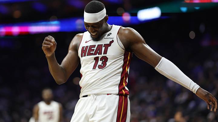 Miami Heat center Bam Adebayo (13) reacts (Mandatory Credit: Bill Streicher-Imagn Images)