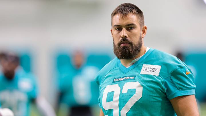 Miami Dolphins defensive tackle Zach Sieler (92) looks on during practice at the Baptist Health Training Complex. 
