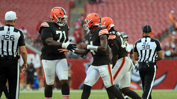 Sep 20, 2026; Tampa, Florida, USA; Cleveland Browns quarterback Deshaun Watson (4) and offensive tackle Tytus Howard (71) celebrate as they beat the Tampa Bay Buccaneers during the second half at Raymond James Stadium. Mandatory Credit: Kim Klement Neitzel-Imagn Images Sep 20, 2026; Tampa, Florida, USA; Cleveland Browns quarterback Deshaun Watson (4) and offensive tackle Tytus Howard (71) celebrate as they beat the Tampa Bay Buccaneers during the second half at Raymond James Stadium. Mandatory Credit: Kim Klement Neitzel-Imagn Images