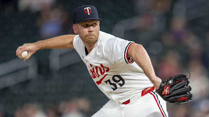 Sep 9, 2024; Minneapolis, Minnesota, USA; Minnesota Twins pitcher Michael Tonkin (39) delivers a pitch against the Los Angeles Angels in the eighth inning at Target Field.