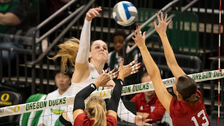 Oregon outside hitter Mimi Colyer hits as the Oregon Ducks host the Nebraska Cornhuskers at Matthew Knight Arena Thursday, Nov. 7, 2024 in Eugene, Ore.
