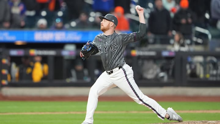Mar 28, 2026; New York City, New York, USA; New York Mets pitcher Richard Lovelady (55) delivers a pitch against the Pittsburgh Pirates during the eleventh inning at Citi Field. Mandatory Credit: Gregory Fisher-Imagn Images Mar 28, 2026; New York City, New York, USA; New York Mets pitcher Richard Lovelady (55) delivers a pitch against the Pittsburgh Pirates during the eleventh inning at Citi Field. Mandatory Credit: Gregory Fisher-Imagn Images