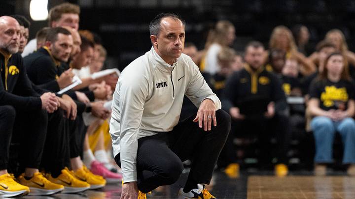Iowa head men's basketball coach Ben McCollum watches his team compete Oct. 27, 2026 during an exhibition game against the Illinois Springfield Prairie Stars at Xtream Arena in Coralville, Iowa.
