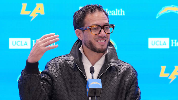 January 27, 2026; El Segundo, California, USA; Los Angeles Chargers offensive coordinator Mike McDaniel speaks at introductory press conference at The Bolt. Mandatory Credit: Kirby Lee-Imagn Images