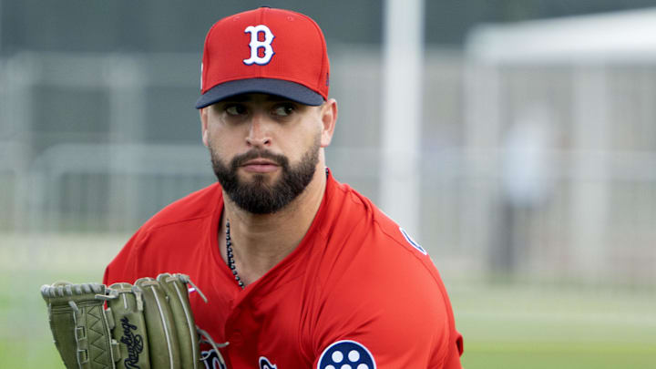 Boston Red Sox pitcher Patrick Sandoval (43) throws the ball during warm ups in the first day of Spring Training on Feb 12, 2025 in Lee County, FL, USA. Chris Tilley-Imagn Images