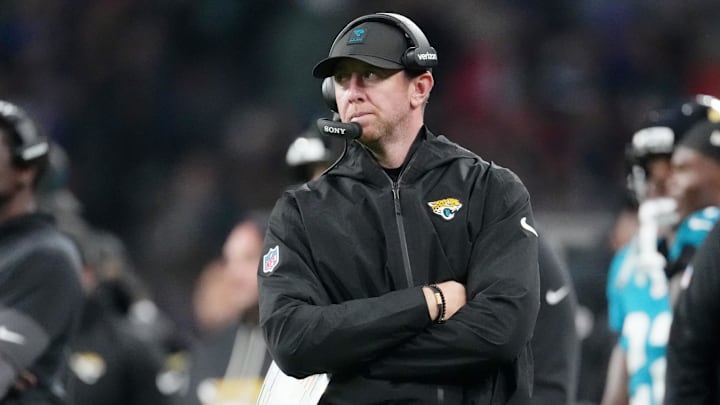 Oct 19, 2025; London, United Kingdom; Jacksonville Jaguars head coach Liam Coen looks on during the second half of an NFL International Series game at Wembley Stadium. Mandatory Credit: Kirby Lee-Imagn Images