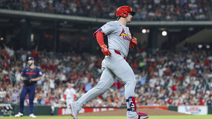 Jun 3, 2024; Houston, Texas, USA; Houston Astros starting pitcher Justin Verlander (35) reacts and St. Louis Cardinals second baseman Nolan Gorman (16) rounds the bases after hitting a home run during the fifth inning at Minute Maid Park. Mandatory Credit: Troy Taormina-Imagn Images