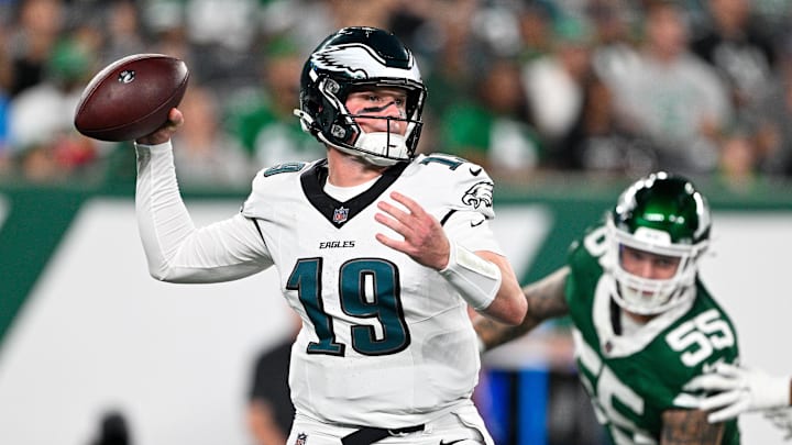 Aug 22, 2025; East Rutherford, New Jersey, USA; Philadelphia Eagles quarterback Kyle McCord (19) looks to pass the ball during the first quarter against the New York Jets at MetLife Stadium. Mandatory Credit: Mark Smith-Imagn Images