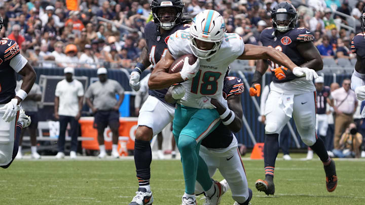 Aug 10, 2025; Chicago, Illinois, USA; Miami Dolphins wide receiver Nick Westbrook-Ikhine (18) runs after catching a pass against the Chicago Bears during the first half at Soldier Field. Mandatory Credit: David Banks-Imagn Images