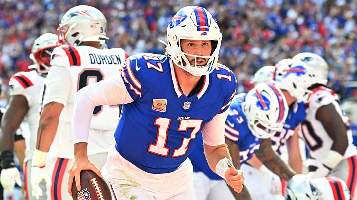 Oct 4, 2026; Orchard Park, New York, USA; Buffalo Bills quarterback Josh Allen (17) celebrates after scoring a touchdown during the second quarter against the New England Patriots at New Highmark Stadium Oct 4, 2026; Orchard Park, New York, USA; Buffalo Bills quarterback Josh Allen (17) celebrates after scoring a touchdown during the second quarter against the New England Patriots at New Highmark Stadium