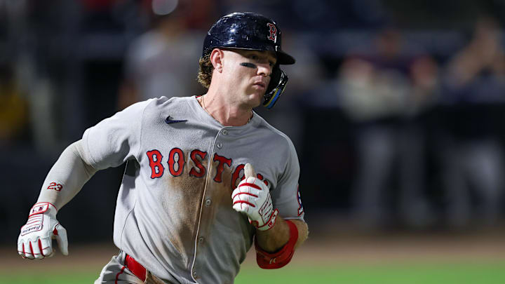Sep 20, 2025; Tampa, Florida, USA; Boston Red Sox second baseman Romy Gonzalez (23) runs two first base  on a single against the Tampa Bay Rays in the eighth inning  at George M. Steinbrenner Field. Mandatory Credit: Nathan Ray Seebeck-Imagn Images