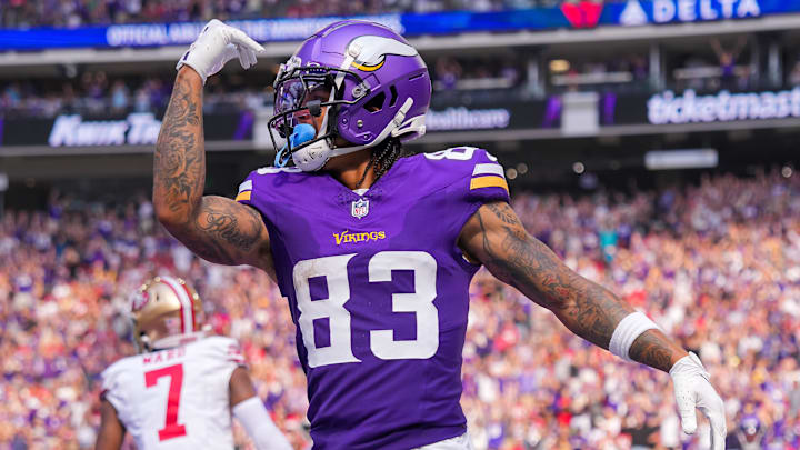 Sep 15, 2024; Minneapolis, Minnesota, USA; Minnesota Vikings wide receiver Jalen Nailor (83) celebrates his touchdown against the San Francisco 49ers in the third quarter at U.S. Bank Stadium. Mandatory Credit: Brad Rempel-Imagn Images