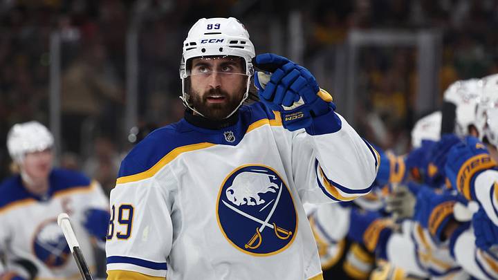 May 1, 2026; Boston, Massachusetts, USA; Buffalo Sabres right wing Alex Tuch (89) points to his goaltender after being congratulated at the bench after scoring against the Boston Bruins during the first period of game six of the first round of the 2026 Stanley Cup Playoffs at TD Garden. Mandatory Credit: Winslow Townson-Imagn Images