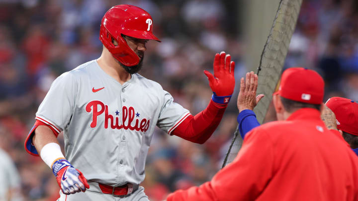 Jun 11, 2024; Boston, Massachusetts, USA; Philadelphia Phillies designated hitter Kyle Schwarber (12) celebrates.