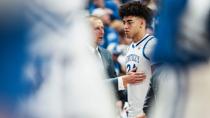 Kentucky Wildcats head coach Mark Pope gives encouragement to Kentucky Wildcats center Malachi Moreno (24) in the second half at Rupp Arena in Lexington, Kentucky Nov. 4, 2025. Kentucky Wildcats head coach Mark Pope gives encouragement to Kentucky Wildcats center Malachi Moreno (24) in the second half at Rupp Arena in Lexington, Kentucky Nov. 4, 2025.