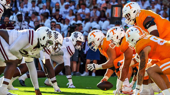 Sep 27, 2025; Starkville, Mississippi, USA; Tennessee Volunteers offensive lineman Sam Pendleton (56) snaps the ball against the Mississippi State Bulldogs during the first half at Davis Wade Stadium at Scott Field. Mandatory Credit: Wesley Hale-Imagn Images