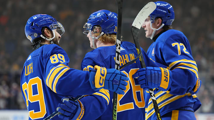 Apr 5, 2024; Buffalo, New York, USA;  Buffalo Sabres defenseman Rasmus Dahlin (26)ncelebrates his goal with teammates during the second period against the Philadelphia Flyers at KeyBank Center. Mandatory Credit: Timothy T. Ludwig-USA TODAY Sports