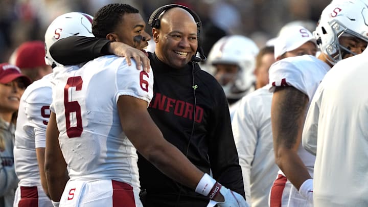 Nov 19, 2022; Berkeley, California, USA; Stanford Cardinal wide receiver Elijah Higgins (6) celebrates with head coach David Shaw after scoring a touchdown against the California Golden Bears during the third quarter at FTX Field at California Memorial Stadium. Mandatory Credit: Darren Yamashita-Imagn Images Nov 19, 2022; Berkeley, California, USA; Stanford Cardinal wide receiver Elijah Higgins (6) celebrates with head coach David Shaw after scoring a touchdown against the California Golden Bears during the third quarter at FTX Field at California Memorial Stadium. Mandatory Credit: Darren Yamashita-Imagn Images