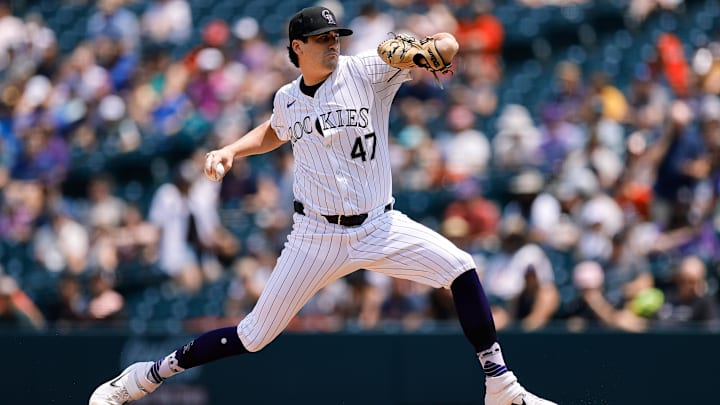 Jul 24, 2024; Denver, Colorado, USA; Colorado Rockies starting pitcher Cal Quantrill (47) pitches in the first inning against the Boston Red Sox at Coors Field. Mandatory Credit: Isaiah J. Downing-Imagn Images