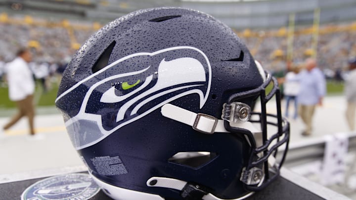 Aug 26, 2023; Green Bay, Wisconsin, USA;  A Seattle Seahawks helmet sits on the sidelines during warmups prior to the game against the Green Bay Packers at Lambeau Field.  