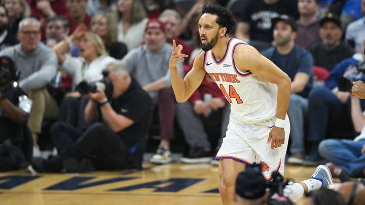 New York Knicks guard Landry Shamet (44) reacts in the first quarter against the Cleveland Cavaliers during game three of the eastern conference finals for the 2026 NBA playoffs at Rocket Arena. New York Knicks guard Landry Shamet (44) reacts in the first quarter against the Cleveland Cavaliers during game three of the eastern conference finals for the 2026 NBA playoffs at Rocket Arena.
