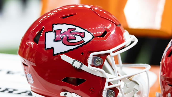 Feb 9, 2025; New Orleans, LA, USA;  Detailed view of a Kansas City Chiefs helmet in Super Bowl LIX at Ceasars Superdome. Mandatory Credit: Mark J. Rebilas-Imagn Images