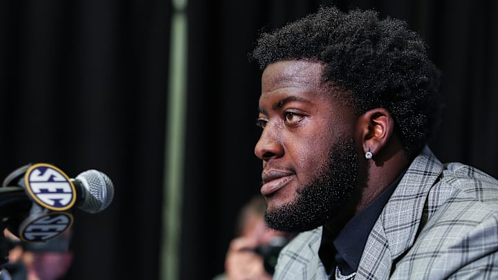 Jul 17, 2025; Atlanta, GA, USA; Texas A&M Aggies offensive lineman Ar’maj Reed-Adams answers questions from the media during the SEC Media Days at Omni Atlanta Hotel. Mandatory Credit: Jordan Godfree-Imagn Images