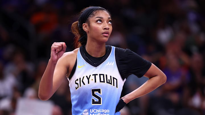 Aug 28, 2025; Phoenix, Arizona, USA; Chicago Sky forward Angel Reese (5) reacts against the Phoenix Mercury at Phx Arena. Mandatory Credit: Mark J. Rebilas-Imagn Images Aug 28, 2025; Phoenix, Arizona, USA; Chicago Sky forward Angel Reese (5) reacts against the Phoenix Mercury at Phx Arena. Mandatory Credit: Mark J. Rebilas-Imagn Images