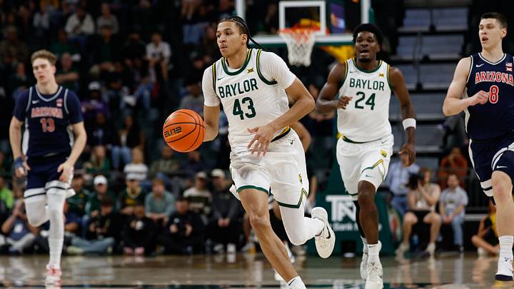 Feb 24, 2026; Waco, Texas, USA; Baylor Bears guard Cameron Carr (43) dribbles the ball upcourt against the Arizona Wildcats during the first half at Paul and Alejandra Foster Pavilion. Mandatory Credit: Chris Jones-Imagn Images Feb 24, 2026; Waco, Texas, USA; Baylor Bears guard Cameron Carr (43) dribbles the ball upcourt against the Arizona Wildcats during the first half at Paul and Alejandra Foster Pavilion. Mandatory Credit: Chris Jones-Imagn Images