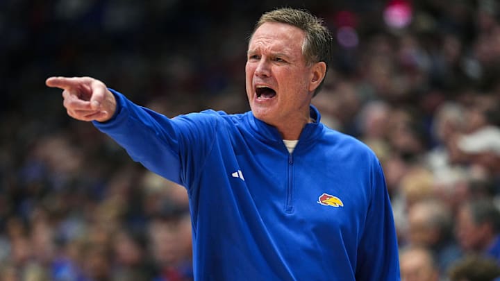 Feb 7, 2026; Lawrence, Kansas, USA; Kansas Jayhawks head coach Bill Self reacts during the second half against the Kansas Jayhawks at Allen Fieldhouse. Mandatory Credit: Jay Biggerstaff-Imagn Images