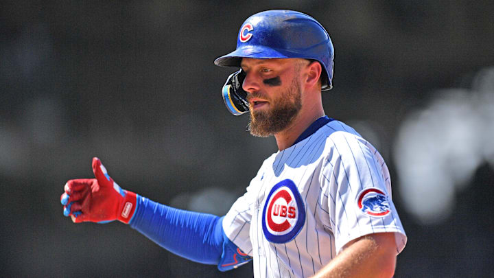 Jul 5, 2025; Chicago, Illinois, USA; Chicago Cubs first baseman Michael Busch (29) reacts after hitting a single during the sixth inning against the St. Louis Cardinals at Wrigley Field. Mandatory Credit: Patrick Gorski-Imagn Images