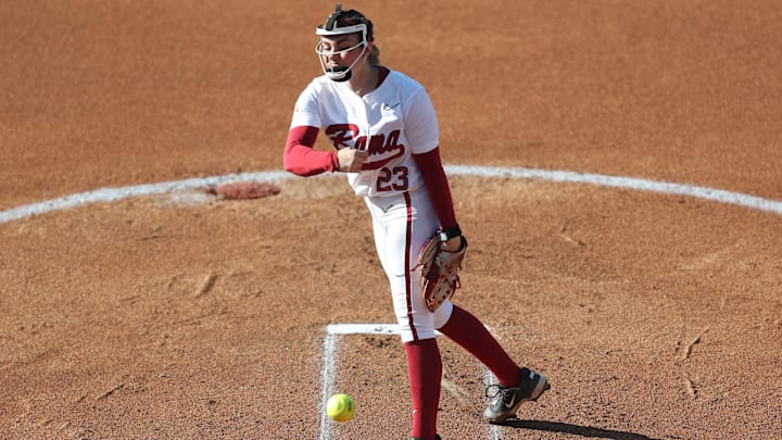 May 6, 2025; Athens, GA, USA; Alabama starting pitcher Jocelyn Briski (23) pitches during a game against Auburn at Jack Turner Softball Stadium. Mandatory Credit: Mady Mertens-Imagn Images