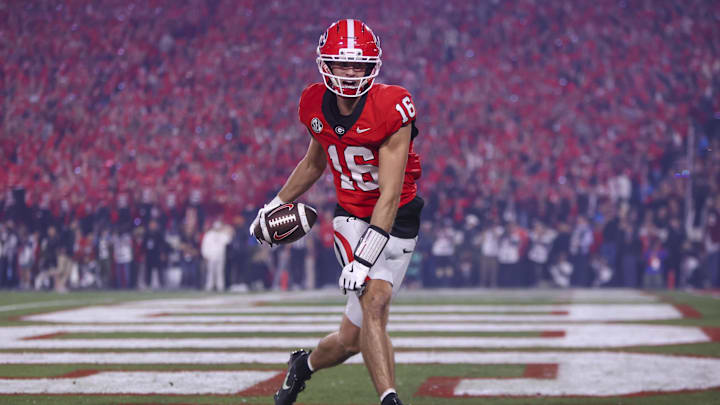 Nov 15, 2025; Athens, Georgia, USA; Georgia Bulldogs wide receiver London Humphreys (16) scores a touchdown in the second half against the Texas Longhorns at Sanford Stadium. Mandatory Credit: Brett Davis-Imagn Images Nov 15, 2025; Athens, Georgia, USA; Georgia Bulldogs wide receiver London Humphreys (16) scores a touchdown in the second half against the Texas Longhorns at Sanford Stadium. Mandatory Credit: Brett Davis-Imagn Images