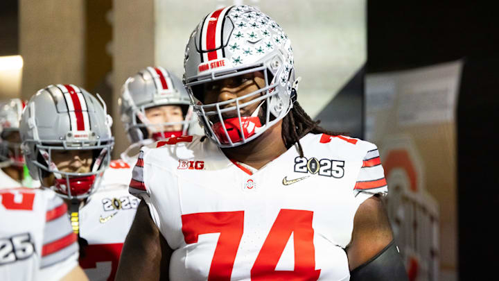 Jan 20, 2025; Atlanta, GA, USA; Ohio State Buckeyes offensive lineman Donovan Jackson (74) against the Notre Dame Fighting Irish during the CFP National Championship college football game at Mercedes-Benz Stadium. Mandatory Credit: Mark J. Rebilas-Imagn Images Jan 20, 2025; Atlanta, GA, USA; Ohio State Buckeyes offensive lineman Donovan Jackson (74) against the Notre Dame Fighting Irish during the CFP National Championship college football game at Mercedes-Benz Stadium. Mandatory Credit: Mark J. Rebilas-Imagn Images