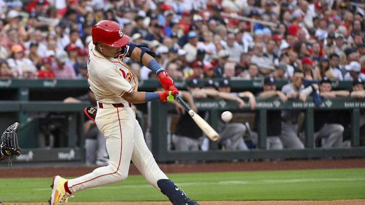 Aug 16, 2025; St. Louis, Missouri, USA;  St. Louis Cardinals shortstop Masyn Winn (0) hits a three run home run against the New York Yankees during the second inning at Busch Stadium. Mandatory Credit: Jeff Curry-Imagn Images