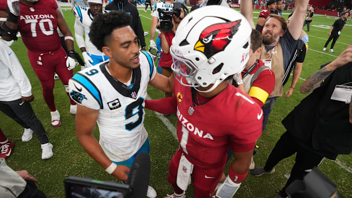 Arizona Cardinals quarterback Kyler Murray (1) greets Carolina Panthers quarterback Bryce Young (9) after Arizona's 27-22 win at State Farm Stadium on Sept 14, 2025.