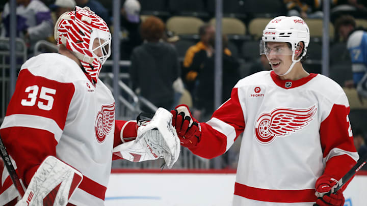 Oct 1, 2024; Pittsburgh, Pennsylvania, USA;  Detroit Red Wings goaltender Ville Husso (35) and defenseman Albert Johansson (20) celebrate after defeating the Pittsburgh Penguins at PPG Paints Arena. Detroit won 2-1. Mandatory Credit: Charles LeClaire-Imagn Images