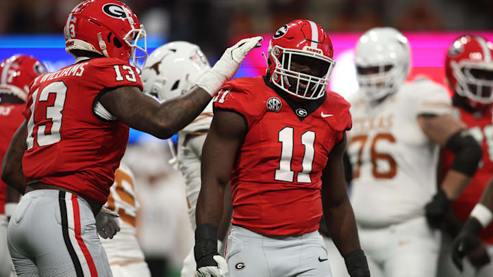Dec 7, 2024; Atlanta, GA, USA; Georgia Bulldogs linebacker Jalon Walker (11) reacts against the Texas Longhorns during the first half in the 2024 SEC Championship game at Mercedes-Benz Stadium. Mandatory Credit: Brett Davis-Imagn Images Dec 7, 2024; Atlanta, GA, USA; Georgia Bulldogs linebacker Jalon Walker (11) reacts against the Texas Longhorns during the first half in the 2024 SEC Championship game at Mercedes-Benz Stadium. Mandatory Credit: Brett Davis-Imagn Images