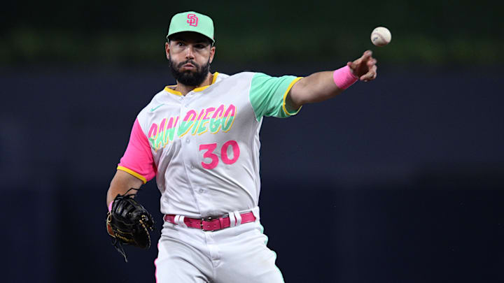 Jul 15, 2022; San Diego, California, USA; San Diego Padres first baseman Eric Hosmer (30) throws to first base on a ground out by Arizona Diamondbacks second baseman Sergio Alcantara (not pictured) during the seventh inning at Petco Park. Mandatory Credit: Orlando Ramirez-Imagn Images