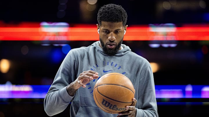 Feb 20, 2025; Philadelphia, Pennsylvania, USA; Philadelphia 76ers forward Paul George (8) warms up before a game against the Boston Celtics at Wells Fargo Center. Mandatory Credit: Bill Streicher-Imagn Images