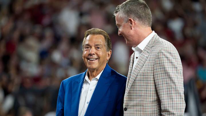 Sep 26, 2026; Tuscaloosa, AL, USA; Former Alabama head coach Nick Saban talks with Athletics Director Greg Byrne at Saban Field at Bryant Denny Stadium. Mandatory Credit: Gary Cosby Jr.-Tuscaloosa News Sep 26, 2026; Tuscaloosa, AL, USA; Former Alabama head coach Nick Saban talks with Athletics Director Greg Byrne at Saban Field at Bryant Denny Stadium. Mandatory Credit: Gary Cosby Jr.-Tuscaloosa News