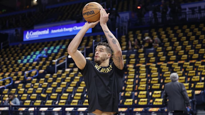 May 7, 2025; Oklahoma City, Oklahoma, USA; Denver Nuggets forward Michael Porter Jr. warms up before the start of game two of the second round against the Oklahoma City Thunder for the 2025 NBA Playoffs at Paycom Center. Mandatory Credit: Alonzo Adams-Imagn Images
