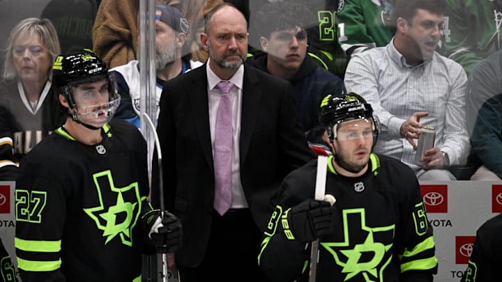 Apr 3, 2025; Dallas, Texas, USA; Dallas Stars head coach Pete DeBoer looks on during the first period against the Nashville Predators at the American Airlines Center. Mandatory Credit: Jerome Miron-Imagn Images